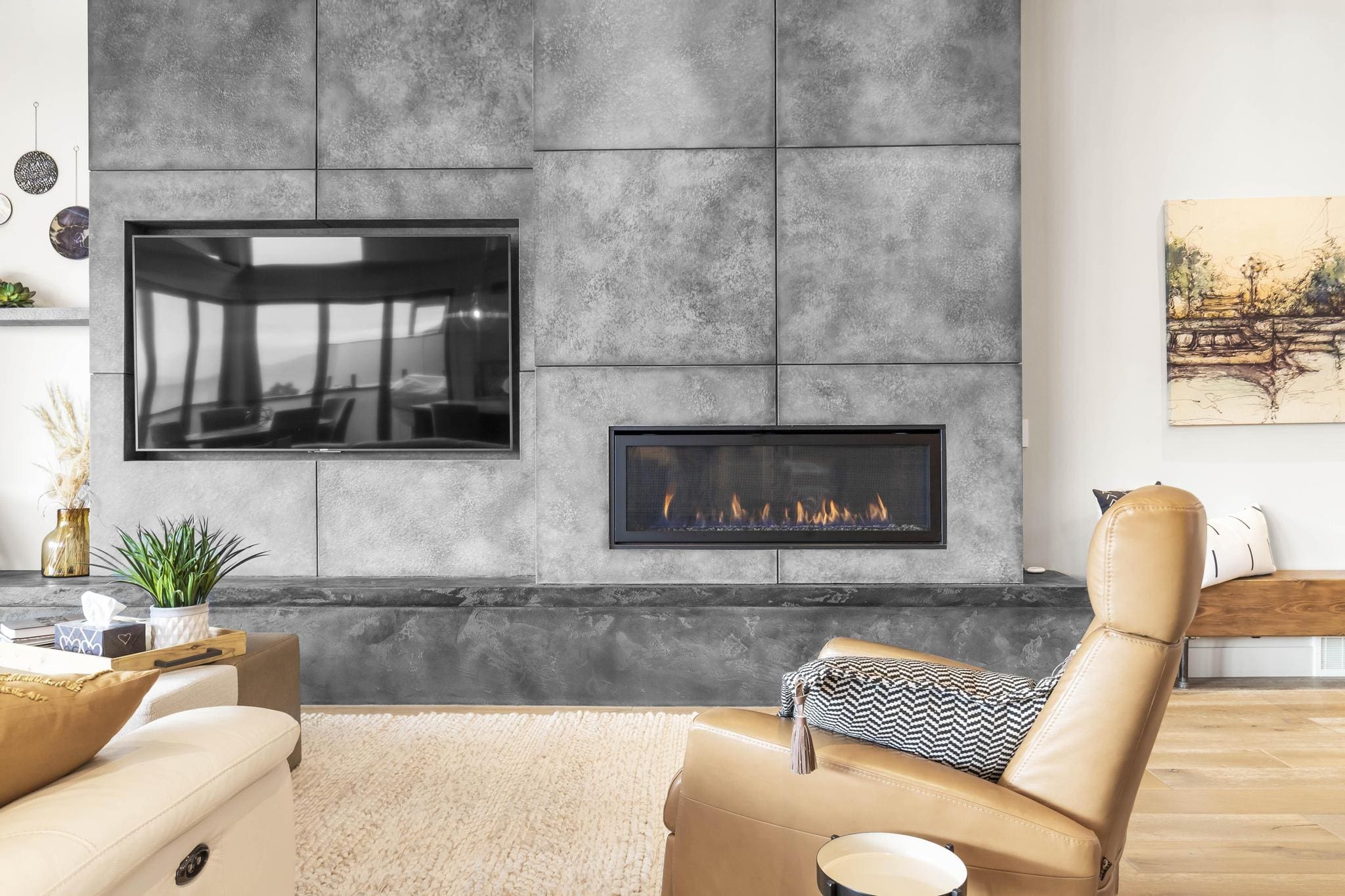 grey textured wall panel fireplace with natural stone finish – custom concrete panels